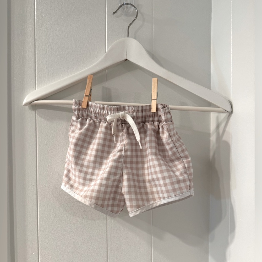 Minnow Boys Swim Trunks, Tan Gingham print 3-4T